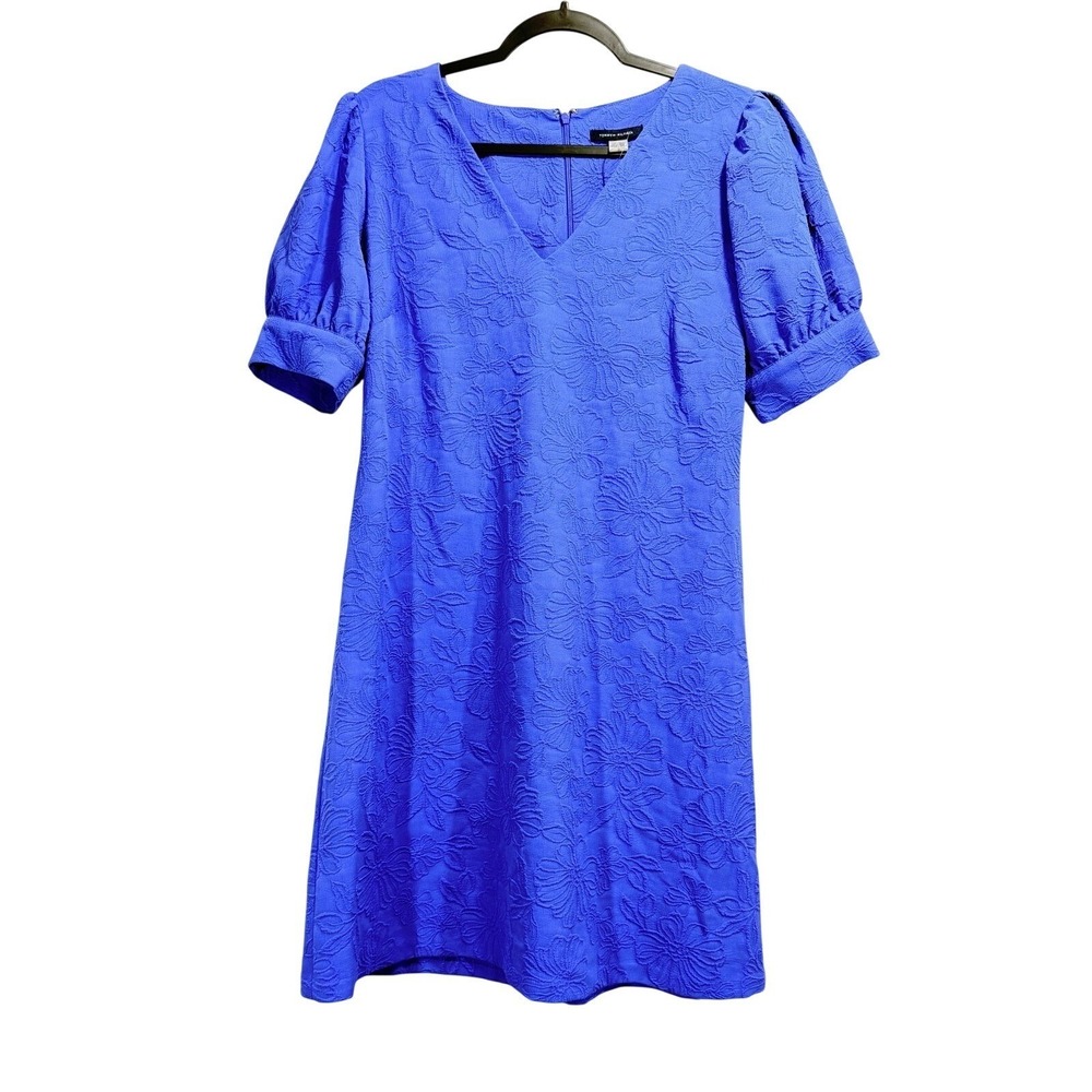 Tommy Hilfiger Womens 12 Blue Floral Jacquard Shift Dress Puff Sleeve V Neck